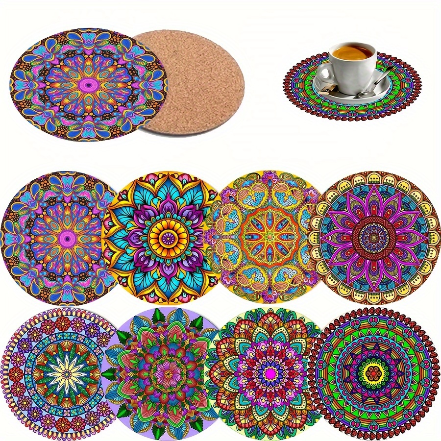 

8-piece Mandala Coasters Set - Drink Coasters, Round Non-slip Heat Resistant Trivets, Manufactured Wood With Cover, Decorative Table Protection For Hot Beverages - Kitchen Accessories