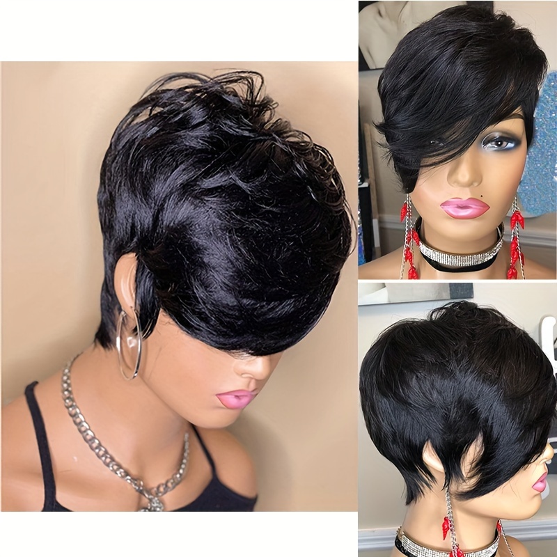 

Chic Black Cut Wig For Women - , Synthetic Hair With Bangs, Heat Resistant, 200% Density