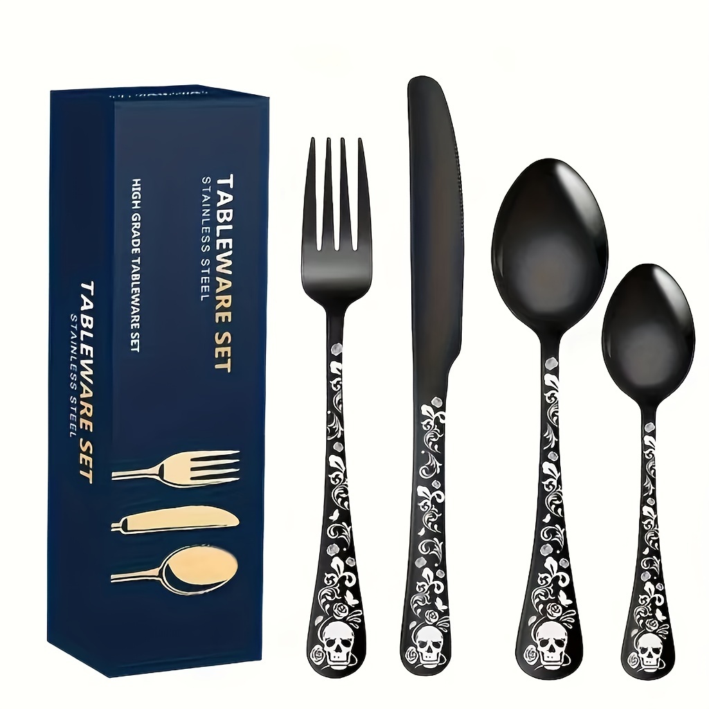 

20pcs/4 Sets Of Stainless Steel Tableware Set, Black Pattern Set, Gothic Unique And Floral , Modern Minimalist Style, That Balances Daily Use And Use