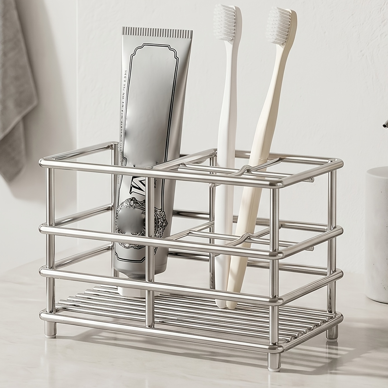 TEMU Stainless Steel Toothbrush Holder, Multi-compartment Bathroom Organizer For Toothbrushes, Electric Toothbrushes & Skincare Products, Rustproof &