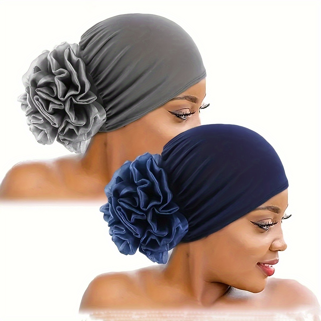 

2pcs/set Faux Flower Turban Hat Hijab Cap Casual Inner Cap Elastic Beanies Lightweight Breathable Head Wraps Soft Head Scarf For Women Bandana Gifts For Eid