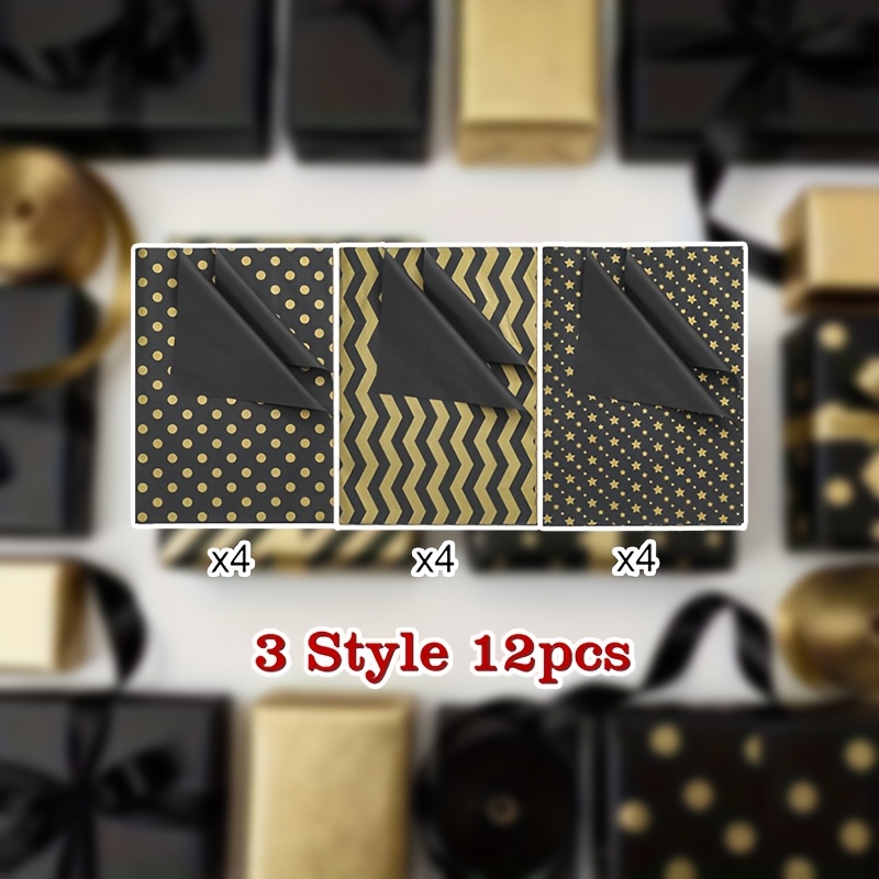 E-shop 12 Blätter elegantes schwarz-goldenes gepunktetes Seidenpapier, Geschenkverpackungsfüllpapier, gemischtes Stil-Set aus drei Teilen, luxuriöses