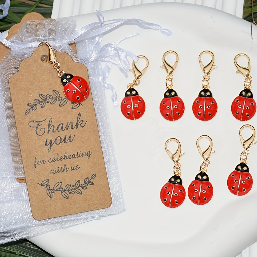 Image of 24pcs Of Small White Mesh Bags, Lobster Clasps, Oil Droplet Ladybug Keychains, And A Set Of 8pcs Of Lobster Clasps With Ladybugs, Plus 8 Cards And 8 Mesh Bags