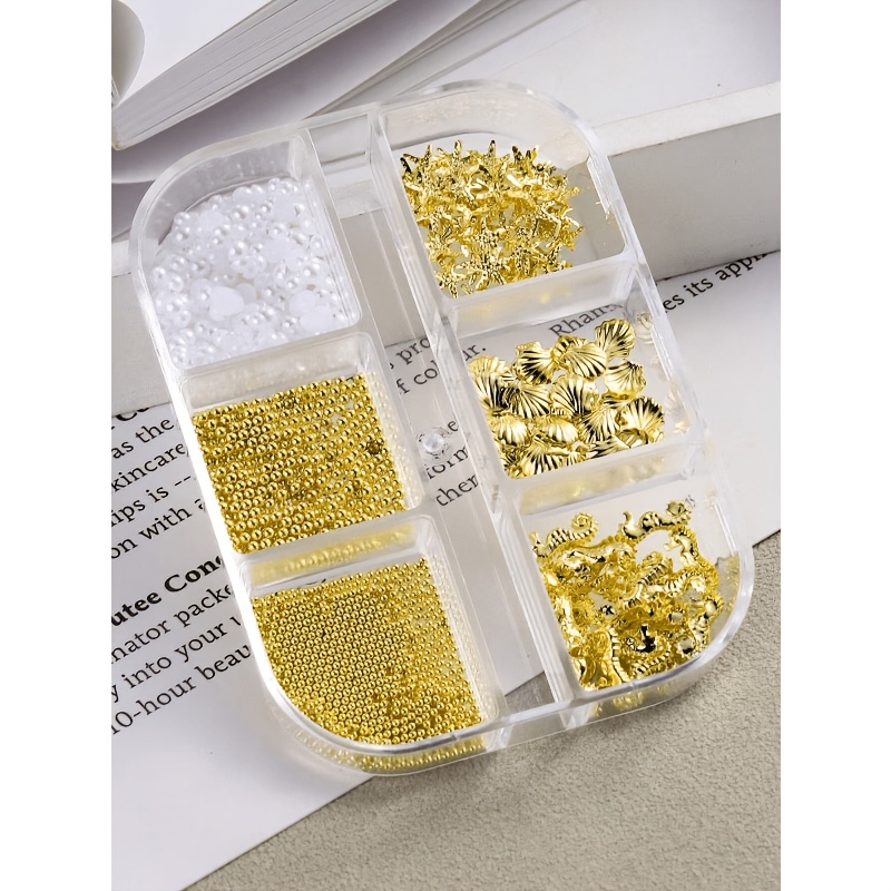TEMU Décorations d'art d'ongles 6 grilles doré Étoile de mer, Rivets en métal, Fausse perle, Clous d'ongles 3D mixtes et Étoile, Bijoux d'ongles,
