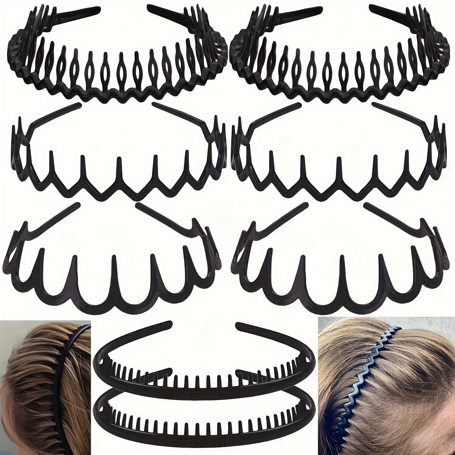 Image of 8pcs Fashionable Non-slip Plastic Headband (with Tooth Comb), Black Tight-fitting Headband, Suitable For Women, Men , Make-up, Etc. (color Black)