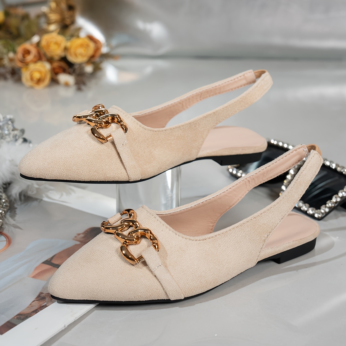 backless dress shoes for women New Women's Open-Back Flat Shoes, Pointed-Toe Flat Closed-Toe Sandals, Versatile Commuter Mules, Available in beige patent tie straps Me 🤝 b00b tape Size:EU 50