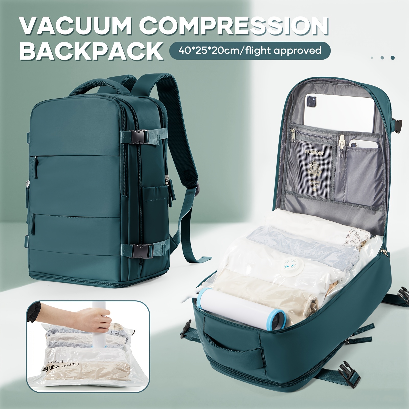 Bolso de Duffel para viaje, bolso de luggage 40*25*20, aprobado para vuelos, multifuncional, bolso de espalda para mujeres, bolso de compresión al vacuum con pulverizador al vacuum, artifato libre, reducción de espacio al 50%, combinación con esentiales para viaje familiar - Imagen 5