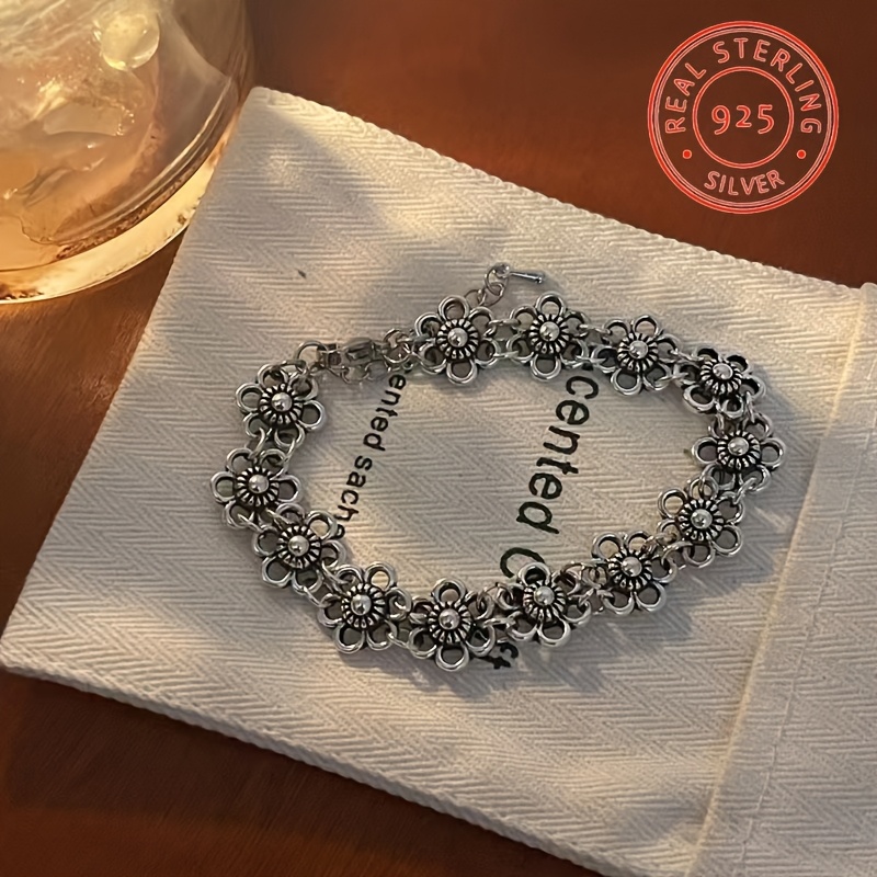 TEMU Vintage 925 Sterling Silver Retro Bracelet With Distressed Small , Chic Minimalist Jewelry, Perfect Gift For Girlfriend, Essential For Holidays, , Girlfriend's Best Friend