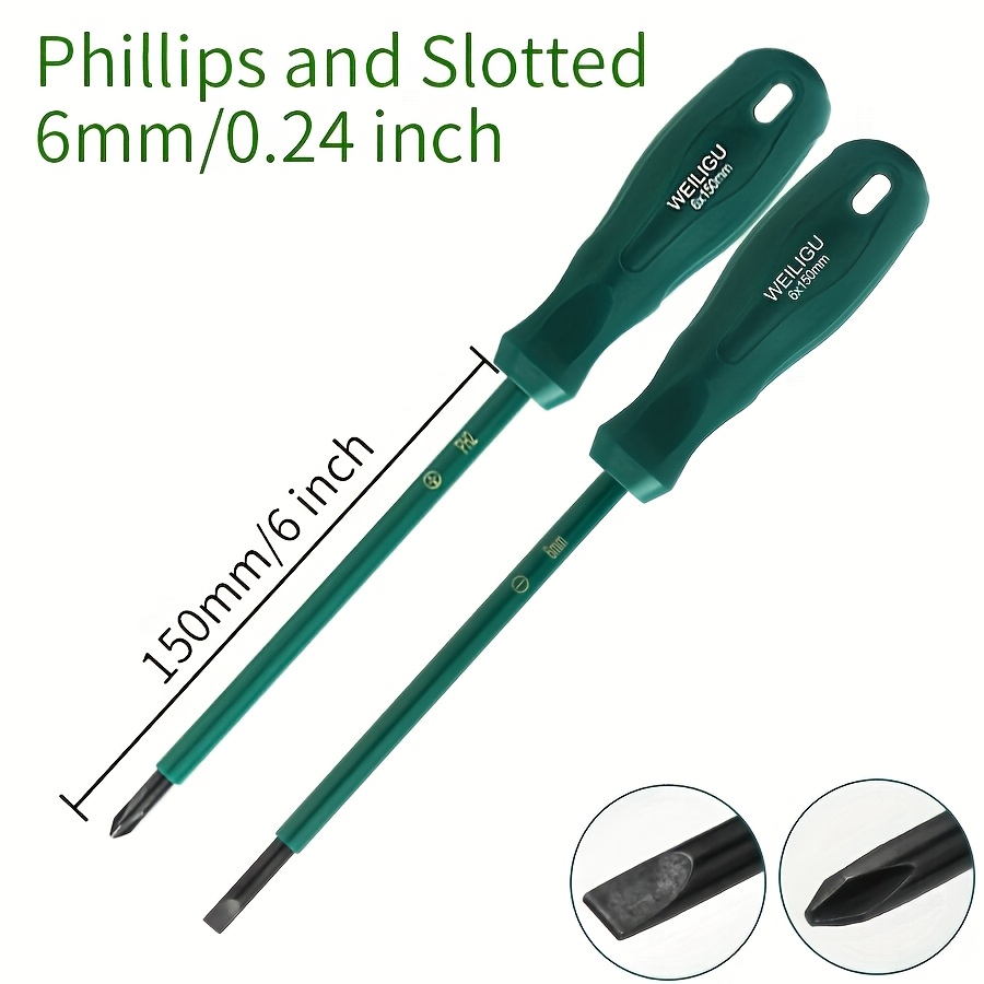 TEMU 2pcs 6mm Screwdriver Set, Phillips + Flathead Slotted, With 6-inch (150mm) -coated Anti-rust Magnetic Shaft, Suitable For Home Improvement,