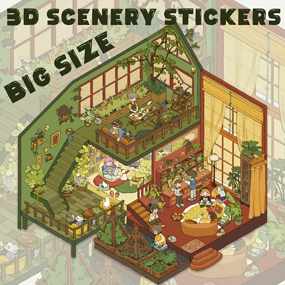 

Big Size 3d Scenery Stickers, Cartoon Cozy Decals, Reusable Plastic Self-adhesive For Scrapbooking, Diy Miniature Landscape, Waterproof Matte With Glitter, Irregular Shape, For Adults 18+