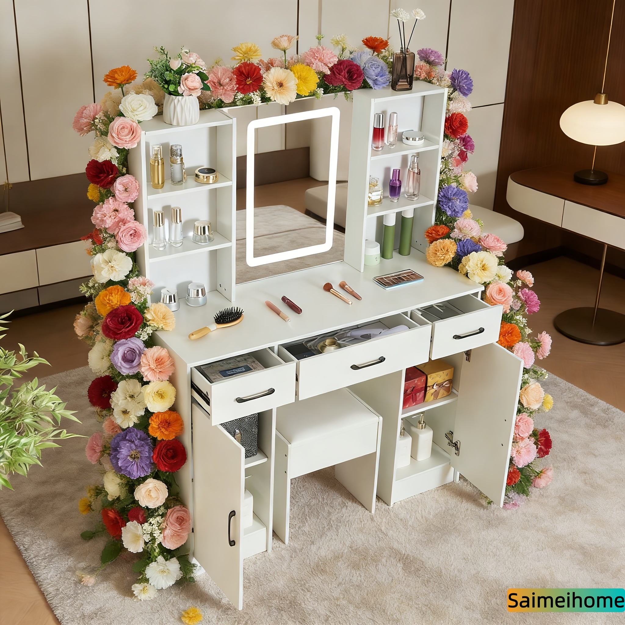 TEMU Dressing Table Featuring Multiple Led Bulbs With 3 Colour Options And Adjustable Brightness High-definition Mirror Multiple Drawer Units Storage