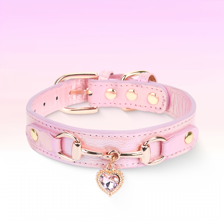 

1pc Cp567 Genuine Leather Dog Collar With Rhinestone Heart Charm, Solid D-ring And Alloy , Quality Pet Accessory