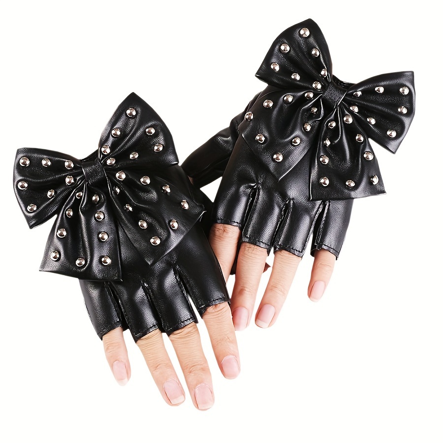 

Women's Studded Bow Half Finger Gloves, Faux Leather, Performance Show Gloves, Fashion Accessory