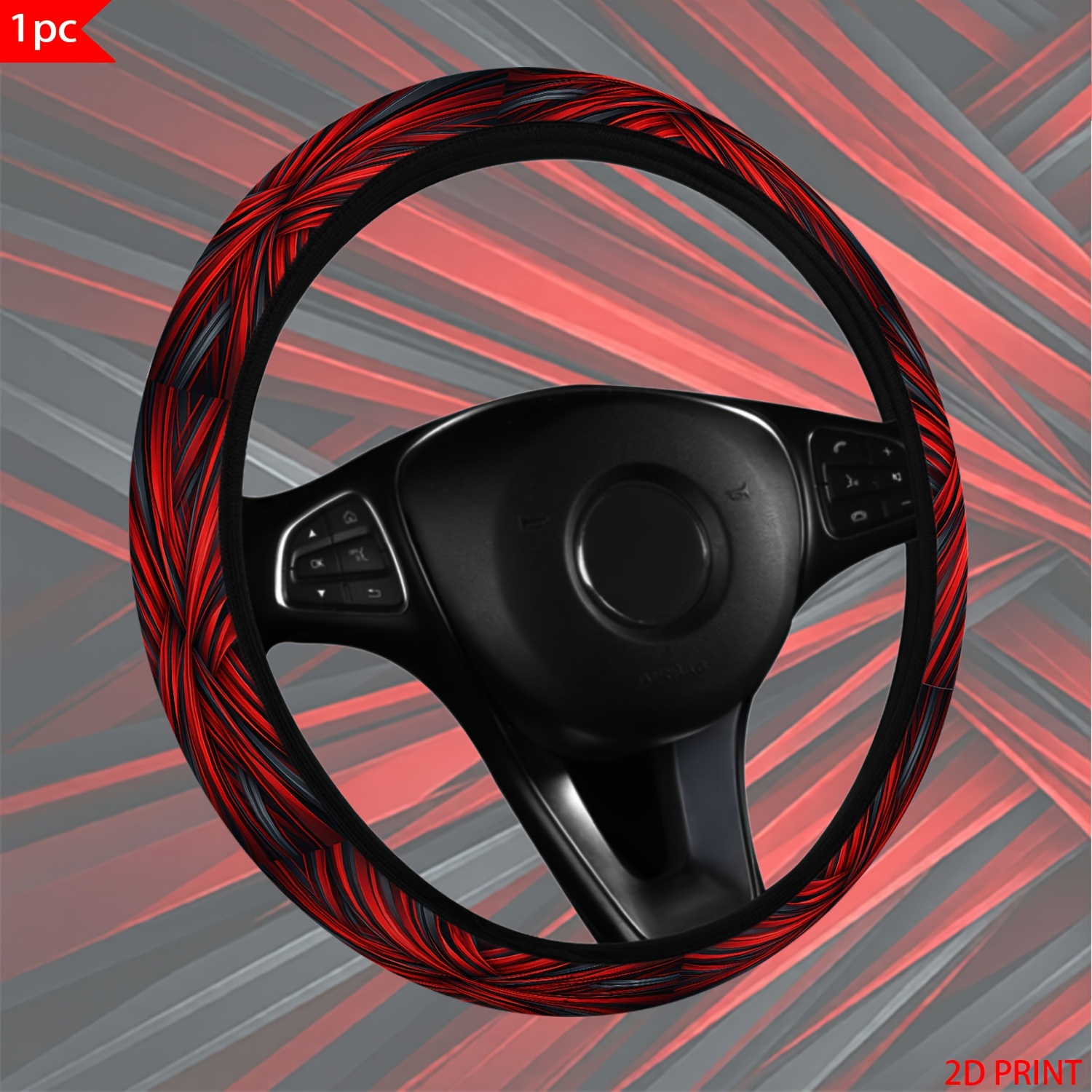 TEMU Abstract Red Black Geometric Lines Patterned Printed Car Steering Wheel Covers, Universal, One-piece Set, Lightweight, Durable, Non-slip, And