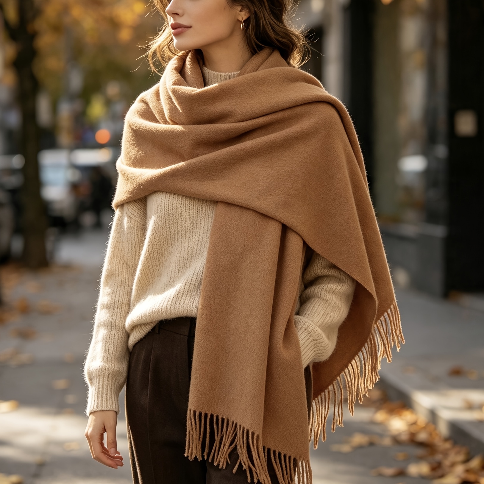 TEMU Women's Woolen Shawl Warm Scarf, Wool Material Delicate And -friendly, Thick And Warm, Suitable For Autumn And Winter , Ideal Gift