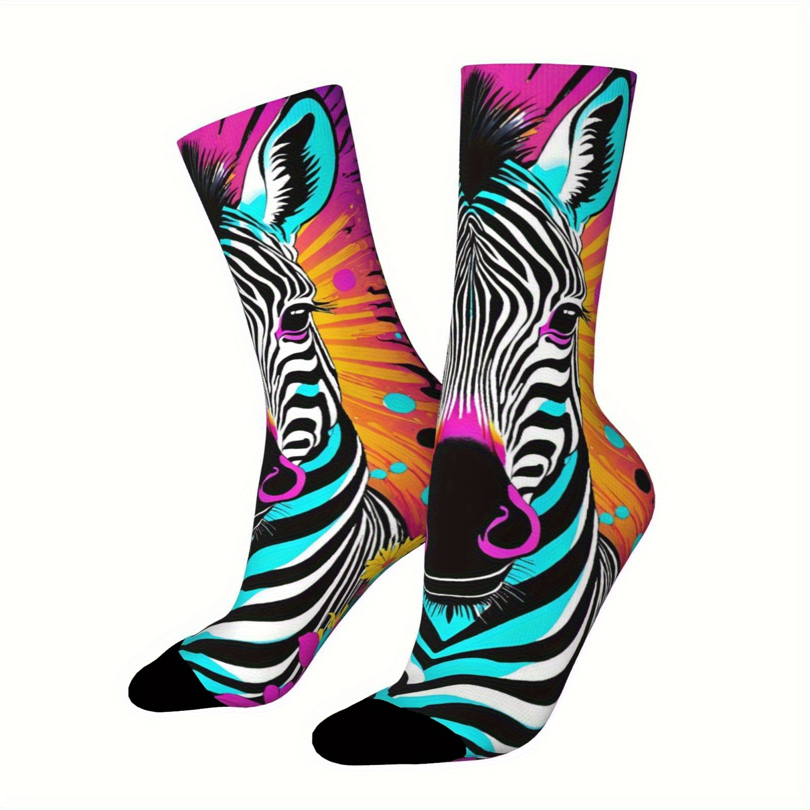 TEMU A Pair Of Unisex Outdoor Socks Featuring A Zebra Print Design, Mid-calf Length, Machine Washable, Suitable For Outdoor Sports Enthusiasts,