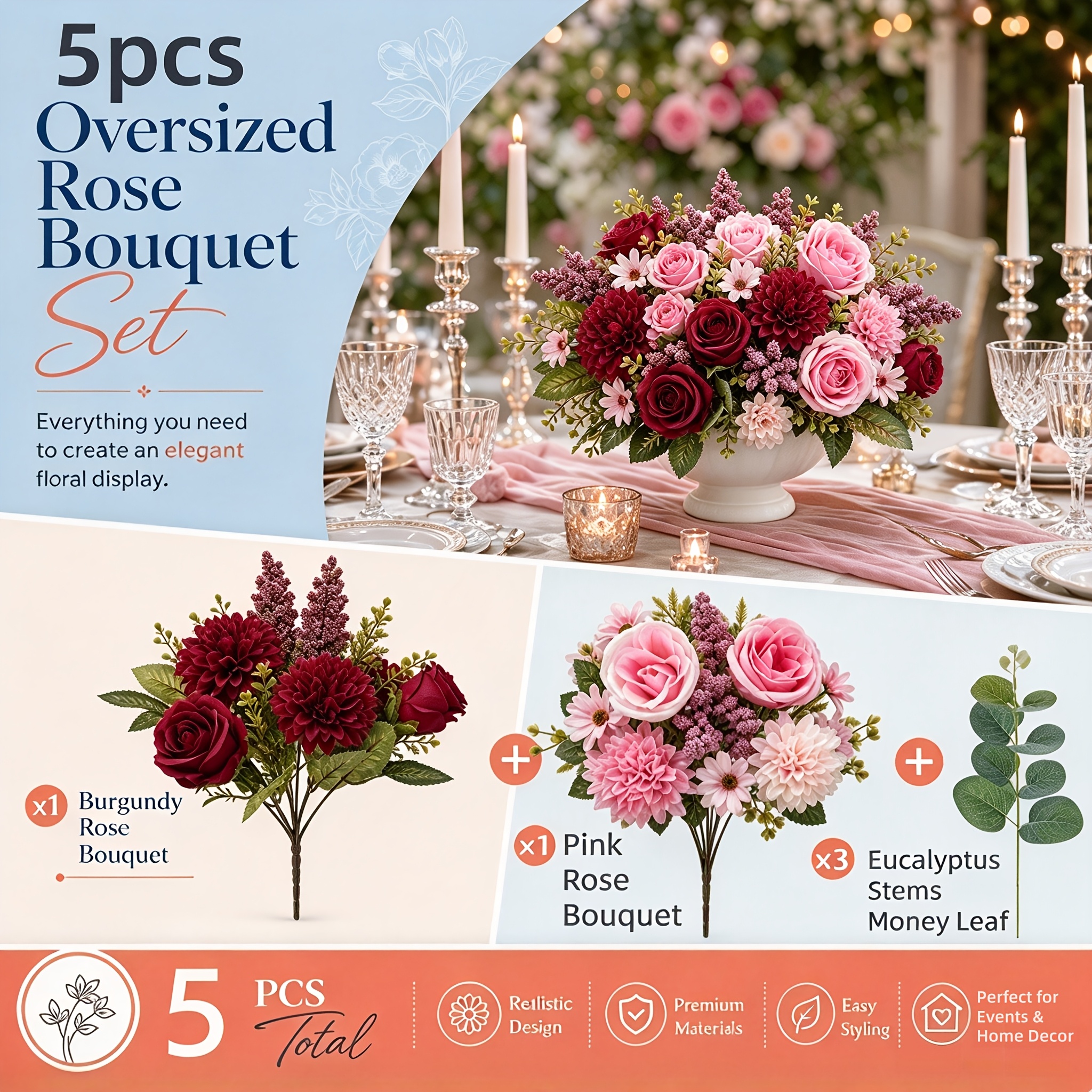 TEMU 5pcs Extra Large Bouquet Of Luxurious Artificial Flowers, Eucalyptus Branches -color-block Series Peonies, Roses, Dahlias, , Accented With A Few