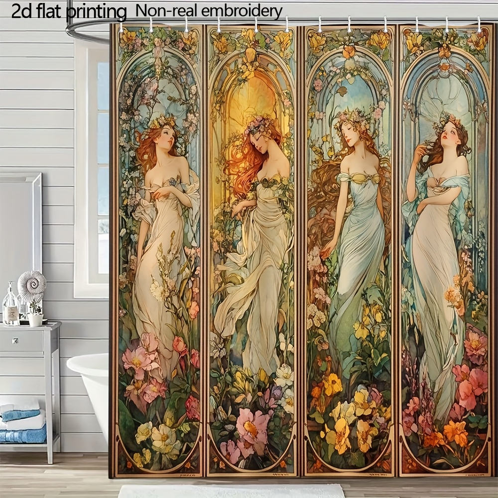 TEMU 2d Flat, 1pc, 2d Flat Printing Product, Size 70.8x70.8 Inches, A Four-panel Painting Depicting The Of Spring, Suitable For Bathroom Shower