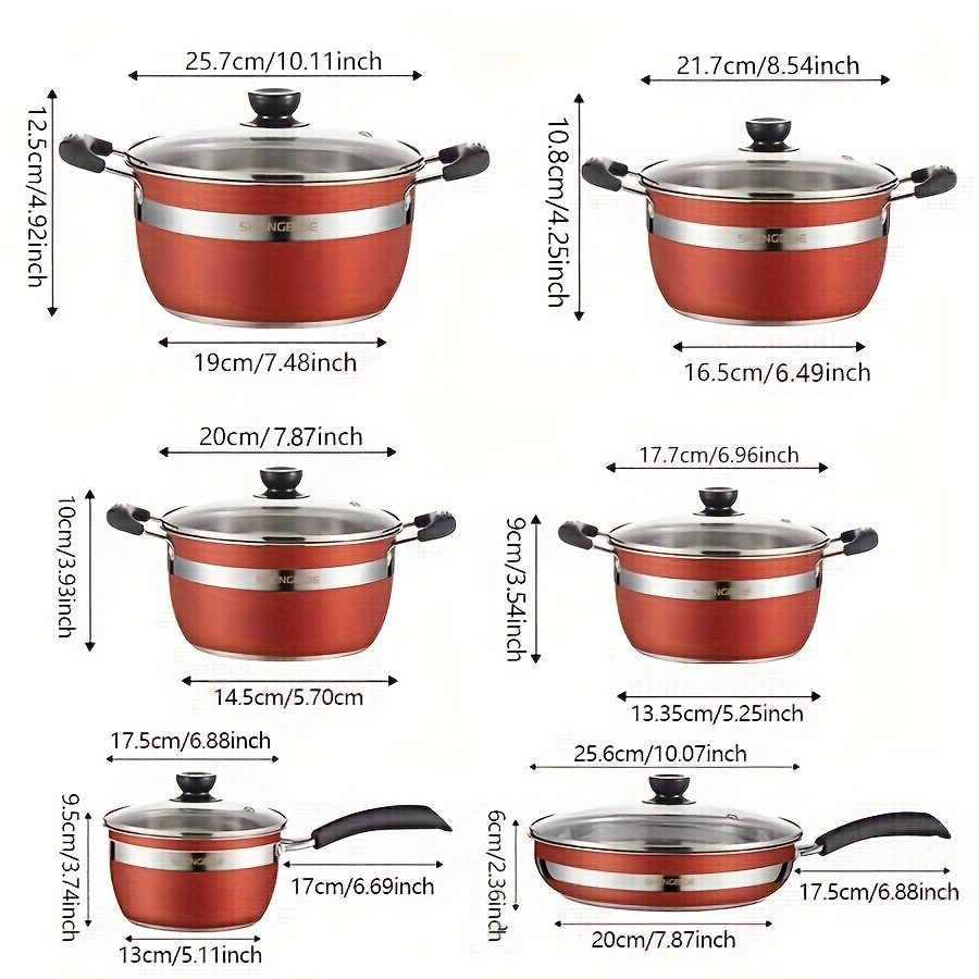 12pcs set of stainless steel pots 4 pots 1 frying pan 1 milk pot 6 lids thickened composite pot bottom uniform and   conduction suitable for home accommodation dinner camping suitable for induction cooker and gas stove suitable for soup milk steak hot   pasta     details 7