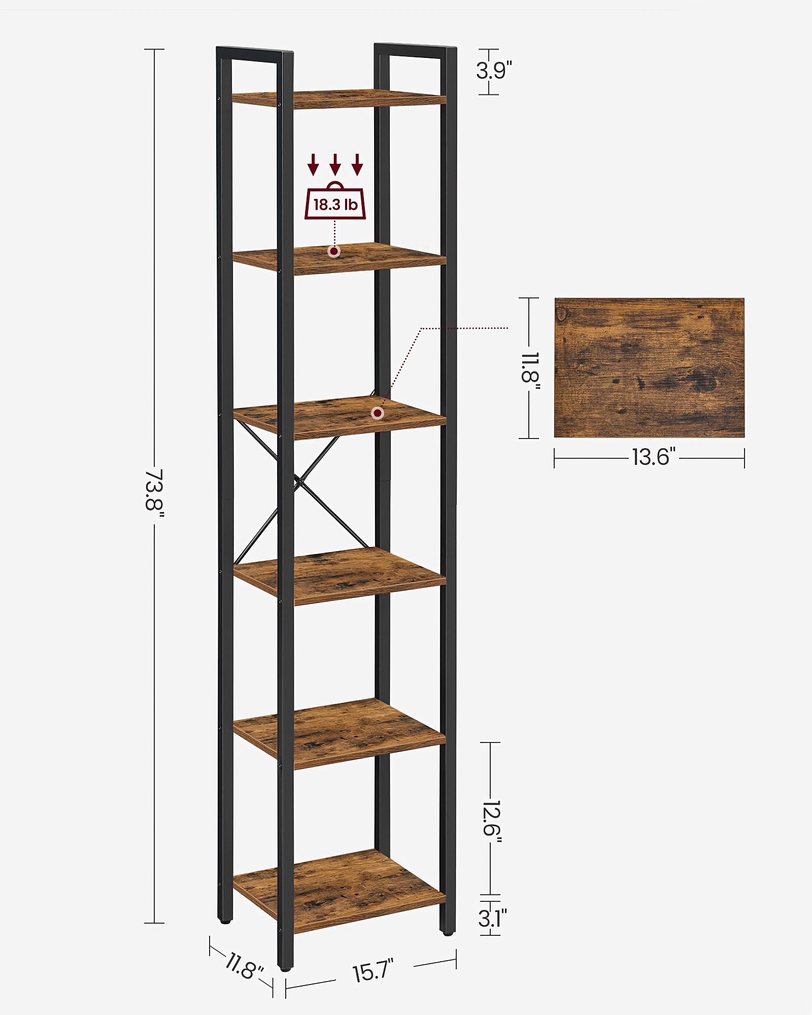 Industrial 6-Tier Heavy-Duty Steel Bookcase Shelf - Tall Narrow Vertical Storage Unit with Adjustable Shelves, Freestanding Space-Saving Bookshelf Suitable for Home Office,, Bedroom - Assembly, Modern Industrial