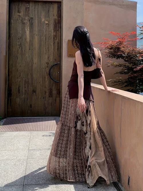 bohemian travel vintage skirt gentle and elegant printed skirt waist cinching long dress for women