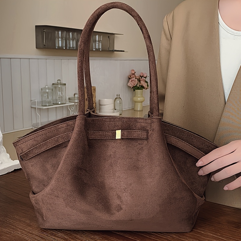 TEMU Perfect Lily Women' Suede Tote Bag - Large Capacity Retro Minimalist Handbag With Closure & Strap, Suitable For Office , Work, Shopping, Short