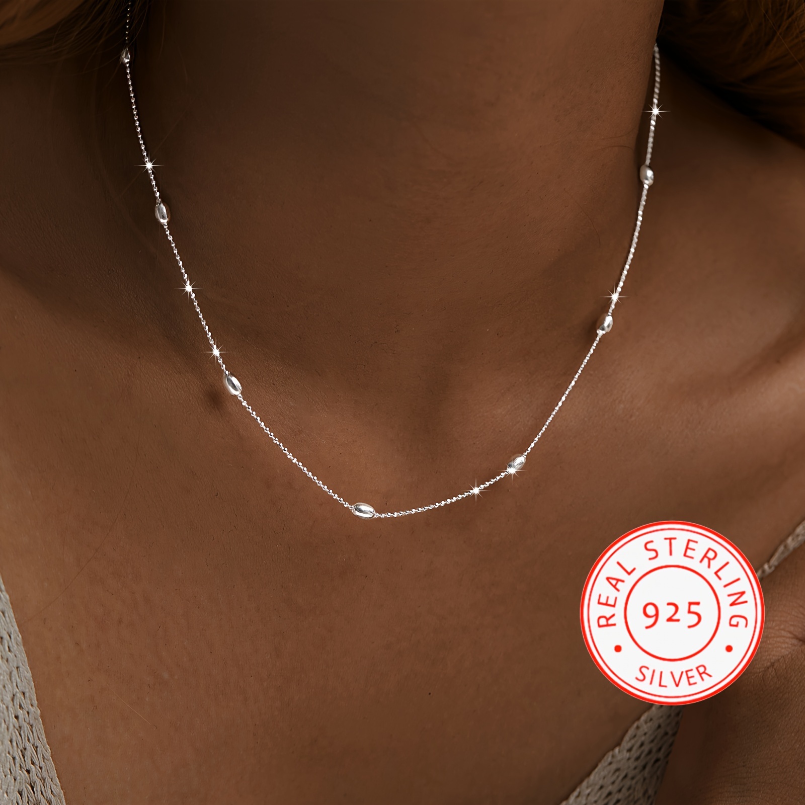 

Elegant Sterling Silver 925 Beaded Necklace For Women, 3g Lightweight Minimalist Rice Grain Chain, Daily Wear, Simple & Sparkly Style