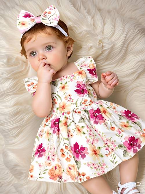 baby girl two piece summer dress with cap sleeves spaghetti straps cute watercolor floral print and headband design parties outdoors and photo shoots for a cute casual look