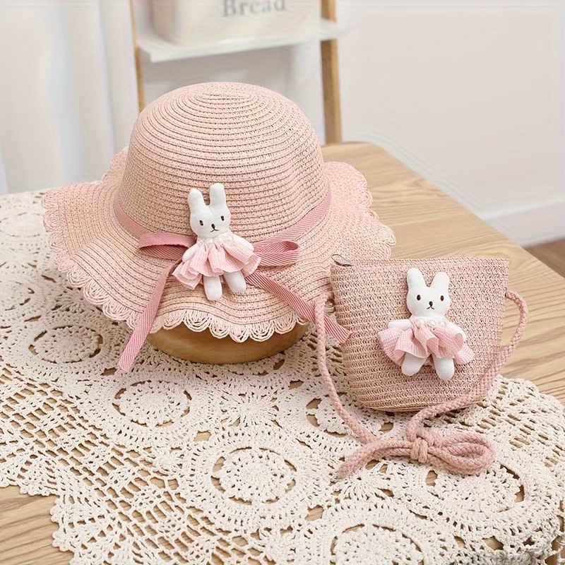 2pcs set girls adorable rabbit cartoon design sun hat bag suitable for daily and beach outings