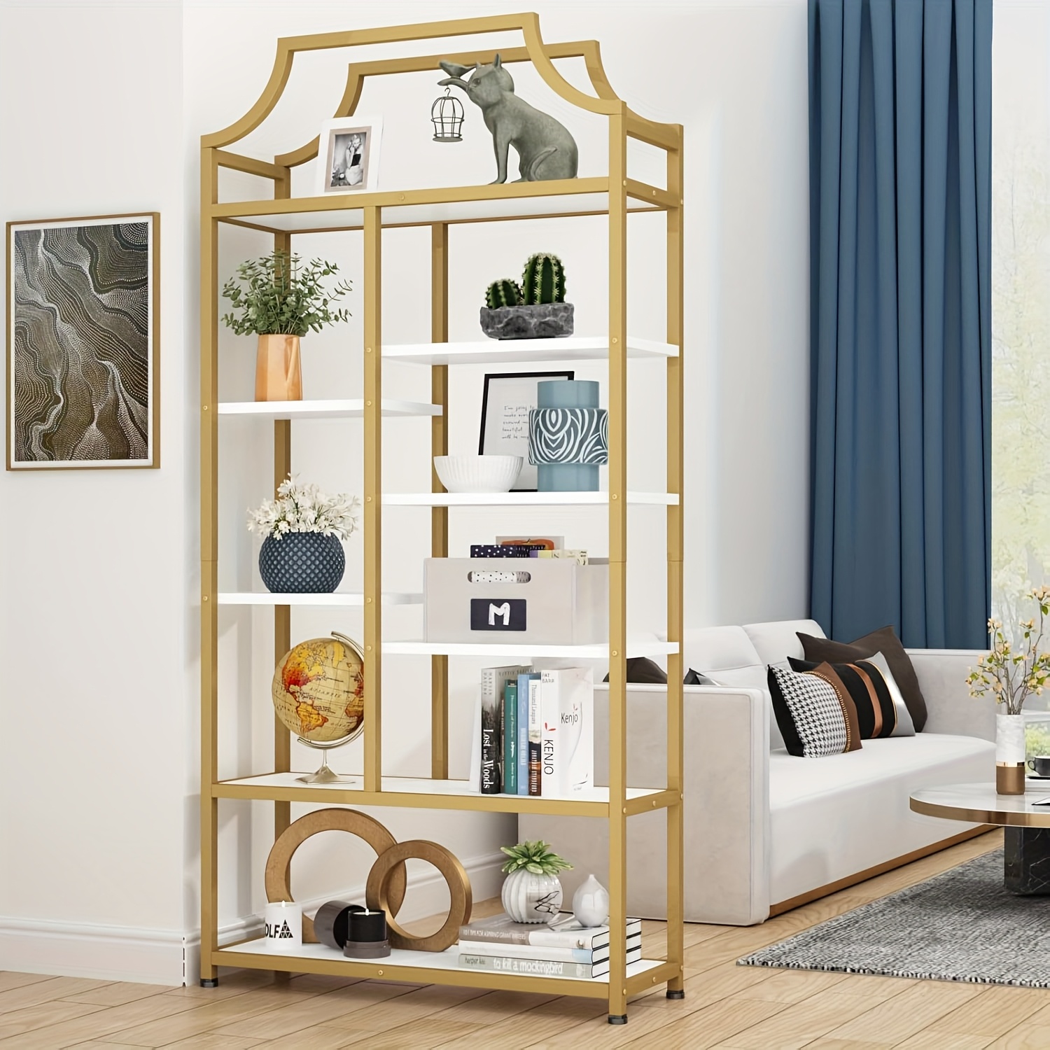 8-Tier Entryway Ladder Shelf - Tall Storage & Display Rack With White Shelves - Golden & Black Options - Perfect For Hallway, Living Room, Bedroom