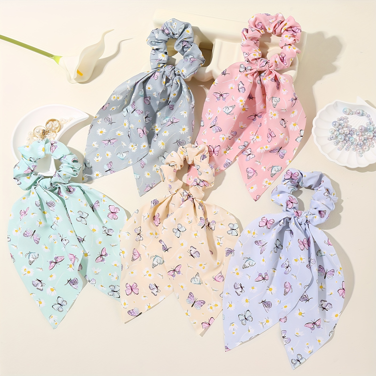 

5pcs Set Of Chic Floral Bow Hair Ties - Vintage-inspired Fabric Scrunchies With In Assorted Colors For Stylish Ponytails, Ponytail Hair Ties