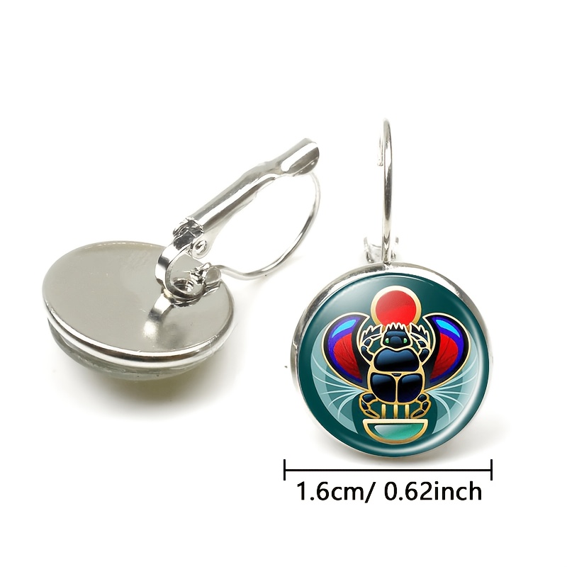 Round Glass Inlaid Base Earrings with Beetle Design