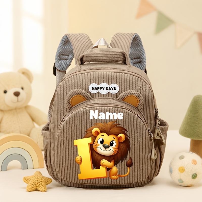 TEMU Nouveau sac à dos en velours personnalisable avec nom, motif lion de dessin et lettre "L" avec oreilles d', léger et confortable, 4 couleurs