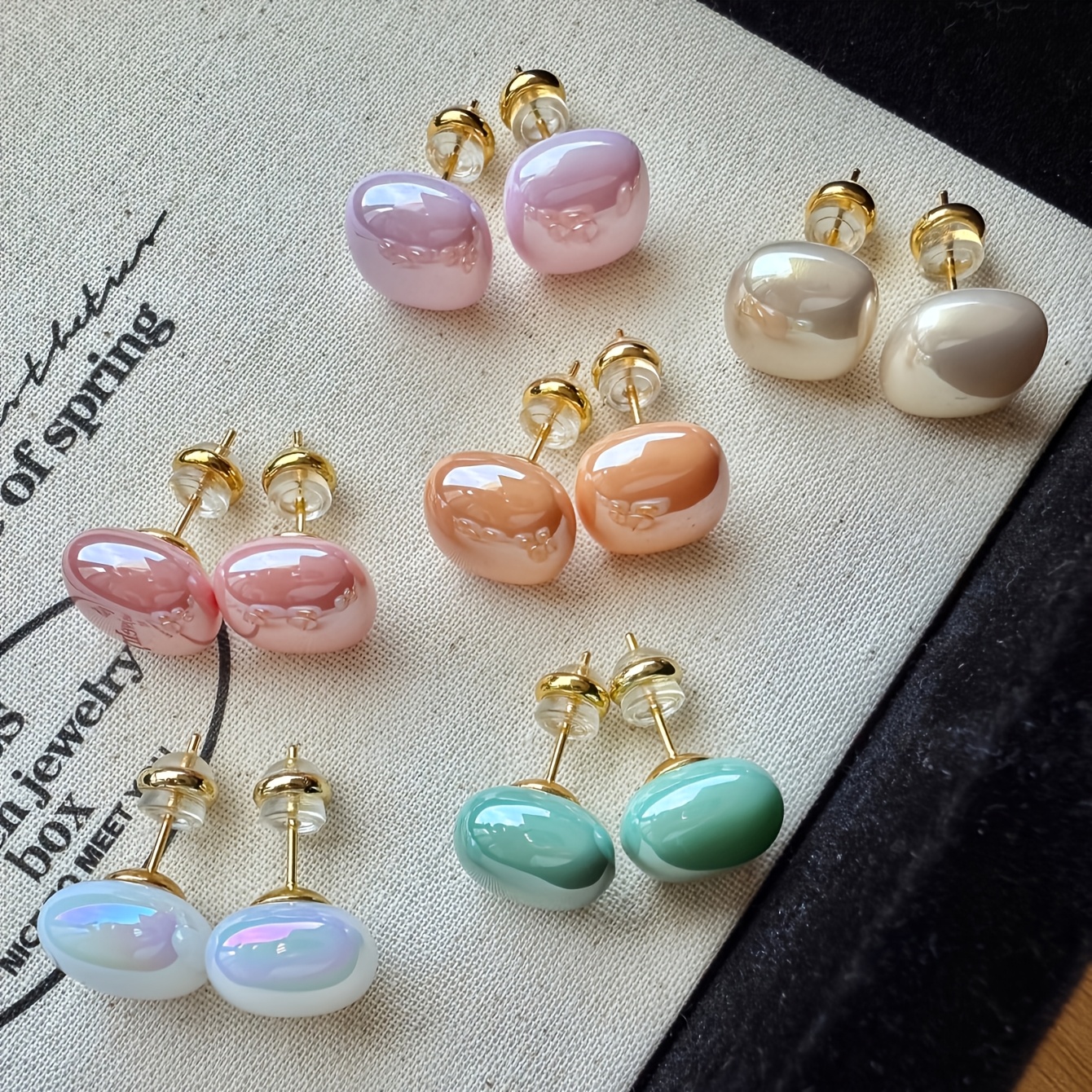 TEMU [new] 6 Pairs, Cute Fashionable All-match Pink Bead Champagne-colored Iridescent Geometric Green Muffin Stud Earrings, High-quality Jewelry,