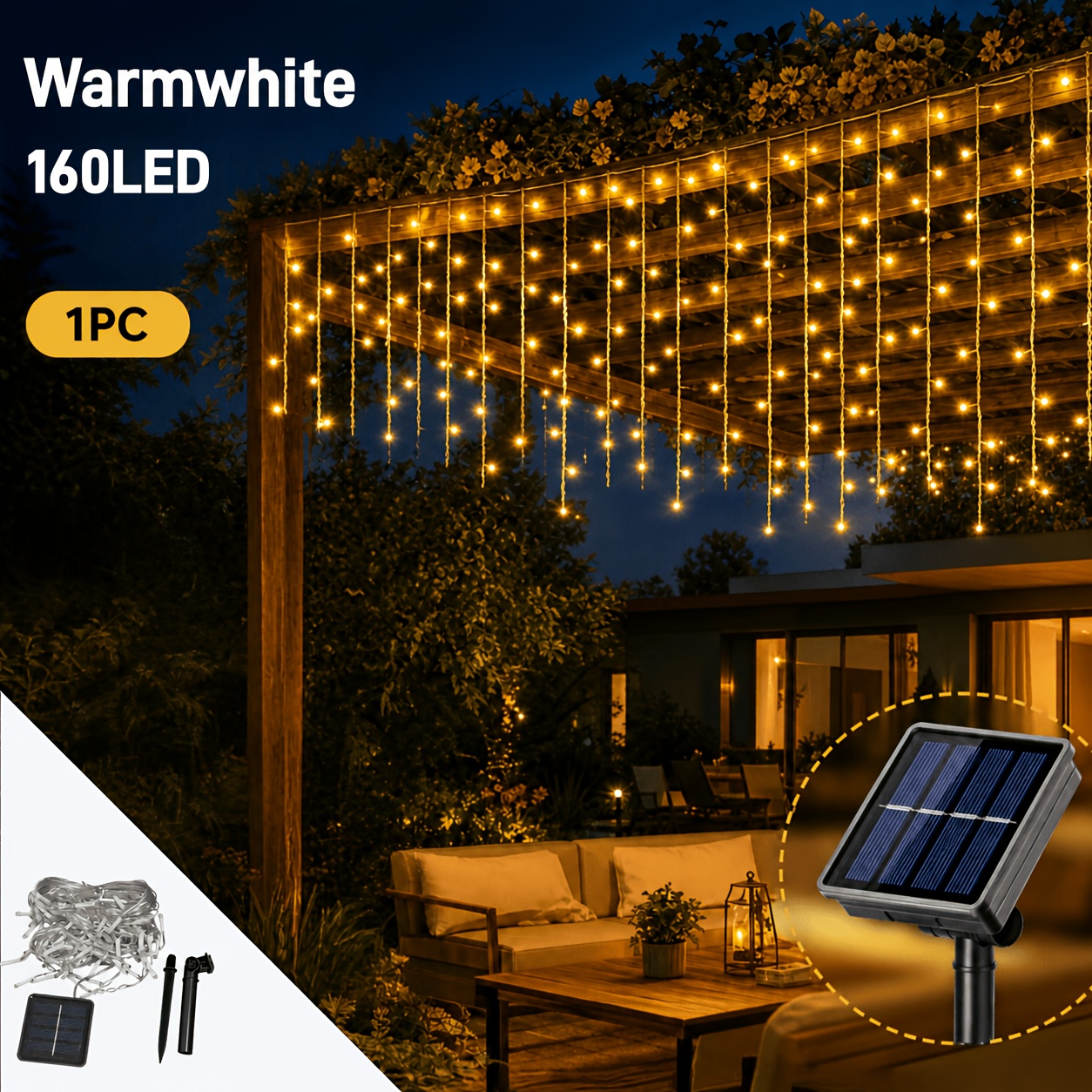 TEMU Guirlande Lumineuse Solaire Extérieure de Coulis de Glace - 160/96 LED IP65, 8 Modes, Rideau Féeriques à , Lumières Solaires Extérieures à Mise