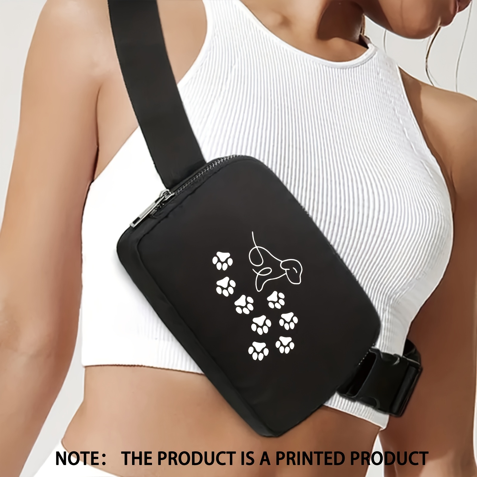 black fashionable simple versatile line art paw print waist bag multifunctional with adjustable shoulder strap for outdoor sports   lightweight nylon with polyester lining hand washable   going out
