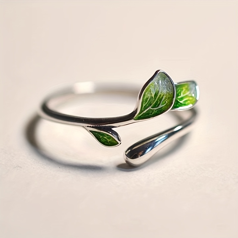 E-shop Eleganter Emaille Grün Blatt Ring Mode Weinrebe Offener Verstellbarer Ring für Damen Freizeit Party Ring Schmuck