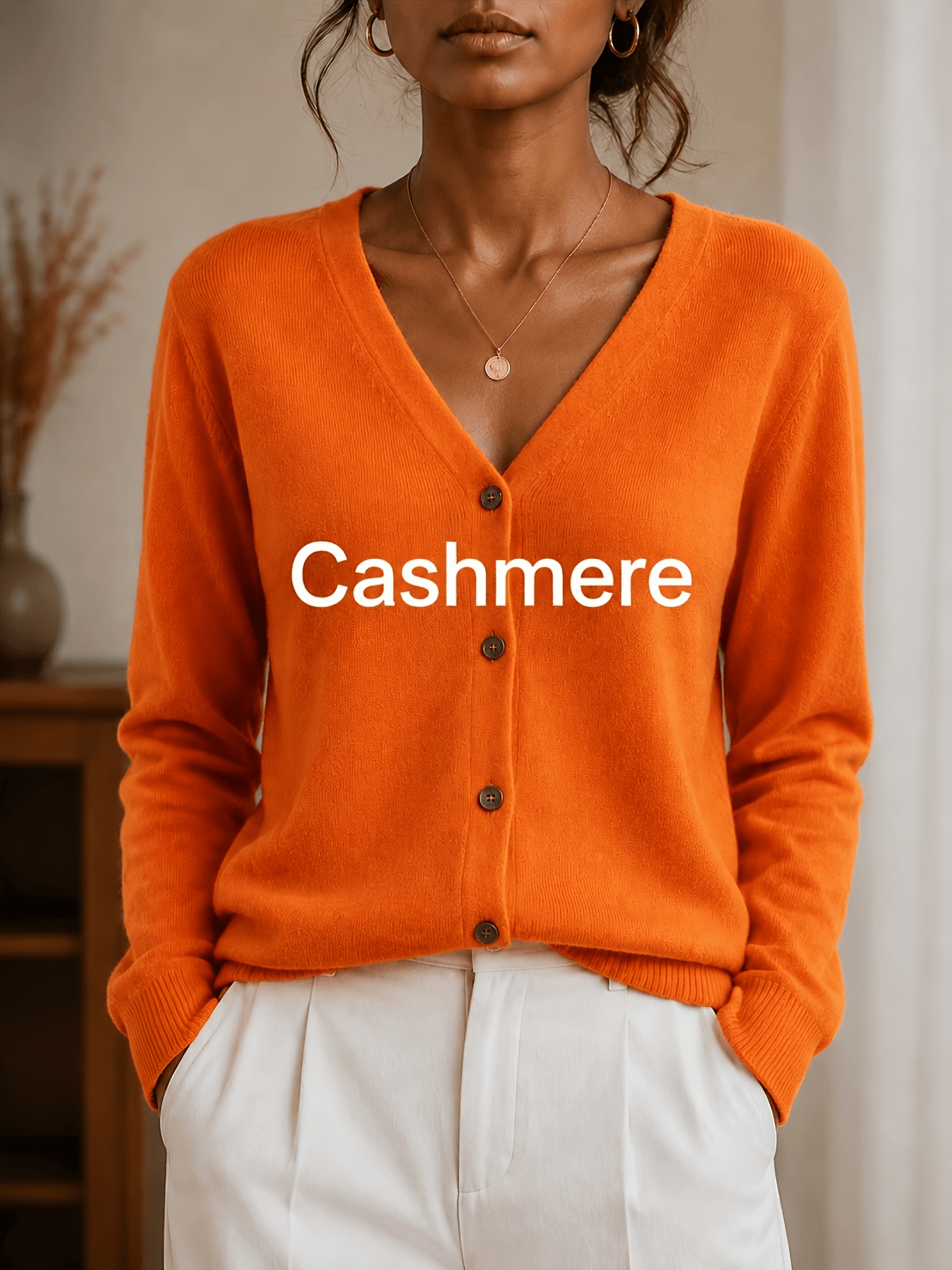 item picture Women'S Openwork Sweater Knitwear| Cashmere Sweater Women| Easy V-Neck with Single Button Closure| Classic Solid Color Long Sleeve Knitwear| Loose Fit for Work And Casual Wear