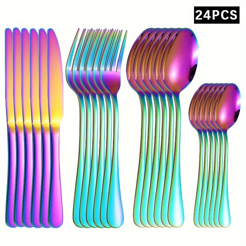 

24-piece Stainless Steel Flatware Set, Mirror Finish Rainbow Color Cutlery Set For Home Kitchen Hotel Restaurant, Includes Knife, Fork, Spoon, Dessert Spoon, Dishwasher Safe