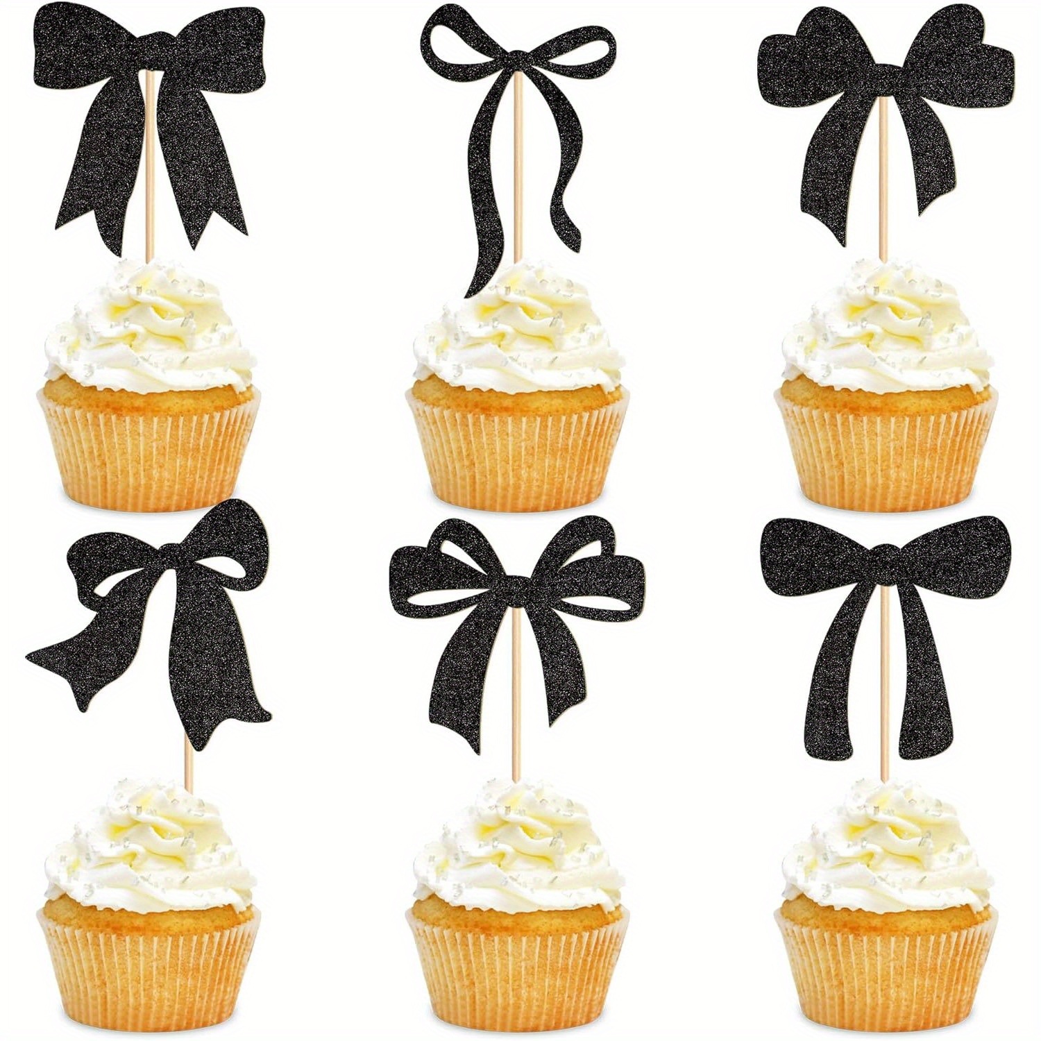 Image of 24pcs Bow Cupcake Toppers Bow Birthday Cake Toppe Birthday Party Decorations Bowknot Cupcake Decorations For Bridal Baby Shower Birthday Wedding Themed Party Black