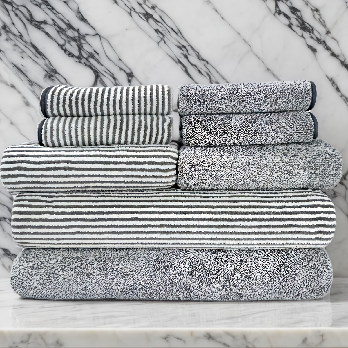 

8pcs Polyester Striped Towel Set, 4 Washcloths & 2 Hand Towels & 2 Bath Towels, Absorbent & Quick-drying Face Towel, Super & Soft & Thickened Bathing Towel, For Home Bathroom, Ideal Bathroom Supplies