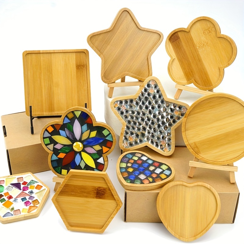 

4-piece Diy Wooden Coaster Kit - Refillable Mosaic Craft Set With Heart, , Star, Hexagon Shapes - Handmade Art Materials For Home Decor And Jewelry Making