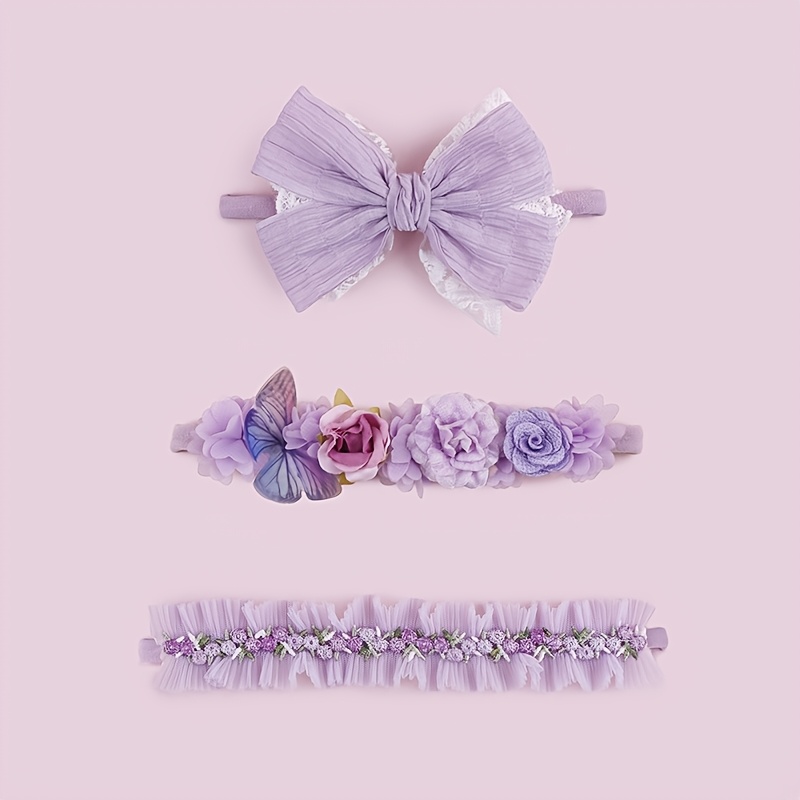 E-shop 3er-Pack Baby Mädchen Sieben Farben Schleife Mesh Rose Handgefertigtes Nylon Stirnband Geeignet für Geburtstagsfeiern, Fotografie Tägliche