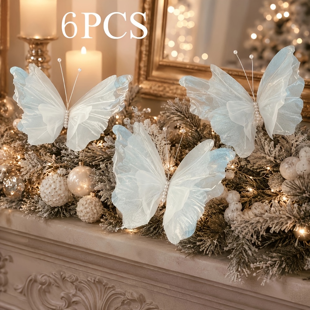TEMU 6pcs Large Hangable Christmas Butterflies, White Tulle Pearl Butterflies Christmas Decorations, Suitable For Christmas Tree, Fireplace, Garland,
