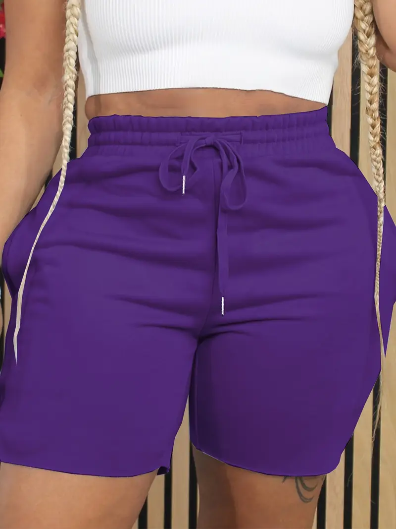 Purple Fashionable Women's Drawstring Shorts Solid Color Casual Pants