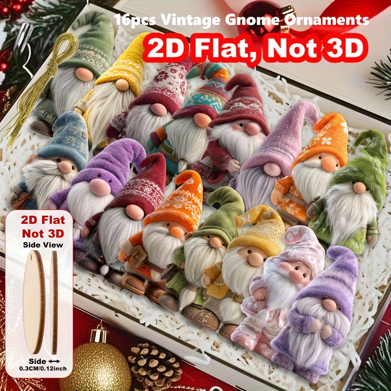 TEMU 2d Flat, 16pcs Set Of Colorful Gnome Ornaments, Suitable For Christmas Tree Decoration, Artificial Hanging Gnome Ornaments - Flat Hanging Panel,