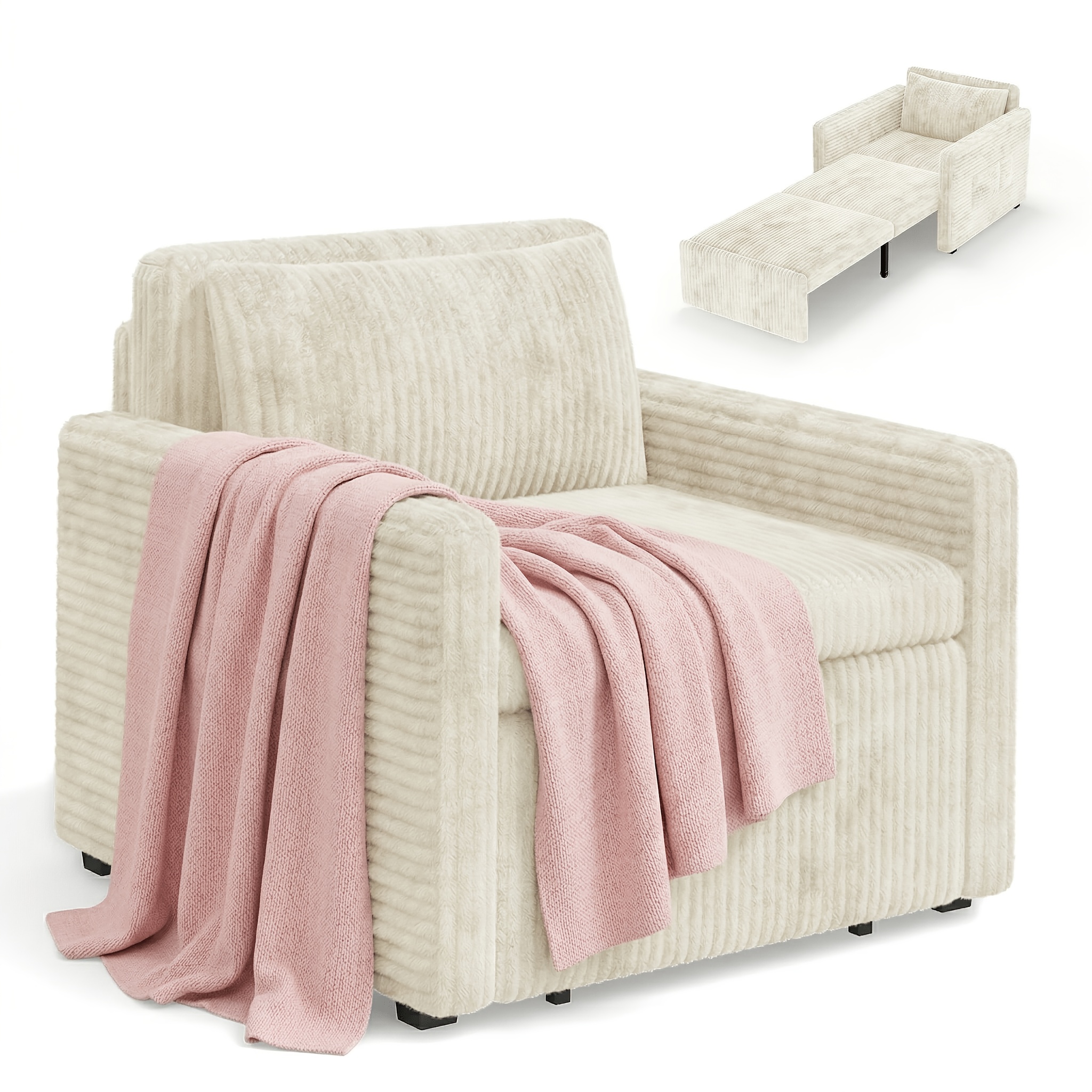 Image of 3-in-1 Convertible Sofa Bed With Corduroy Upholstery & Frame - Modern Folding Sleeper Couch Suitable For Small Spaces, Multifunctional Bed/sofa, Easy Assembly, Space- For Apartments, , Guest Rooms