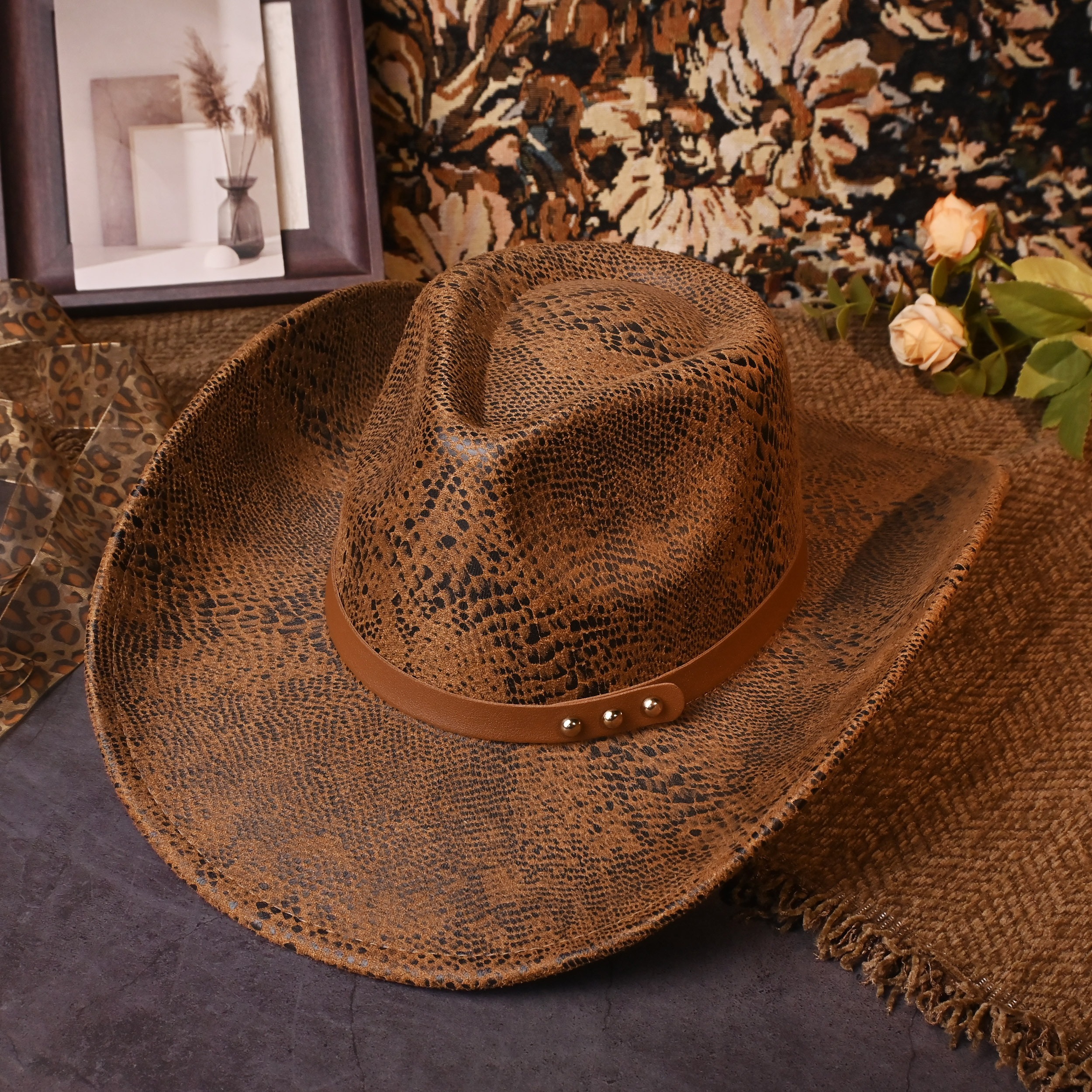 TEMU Classic Western-style Simple And Stylish Three-rivet Embellished Decorative Belt Python-pattern Cowboy Hat, A Top Hat Suitable For Men And Women