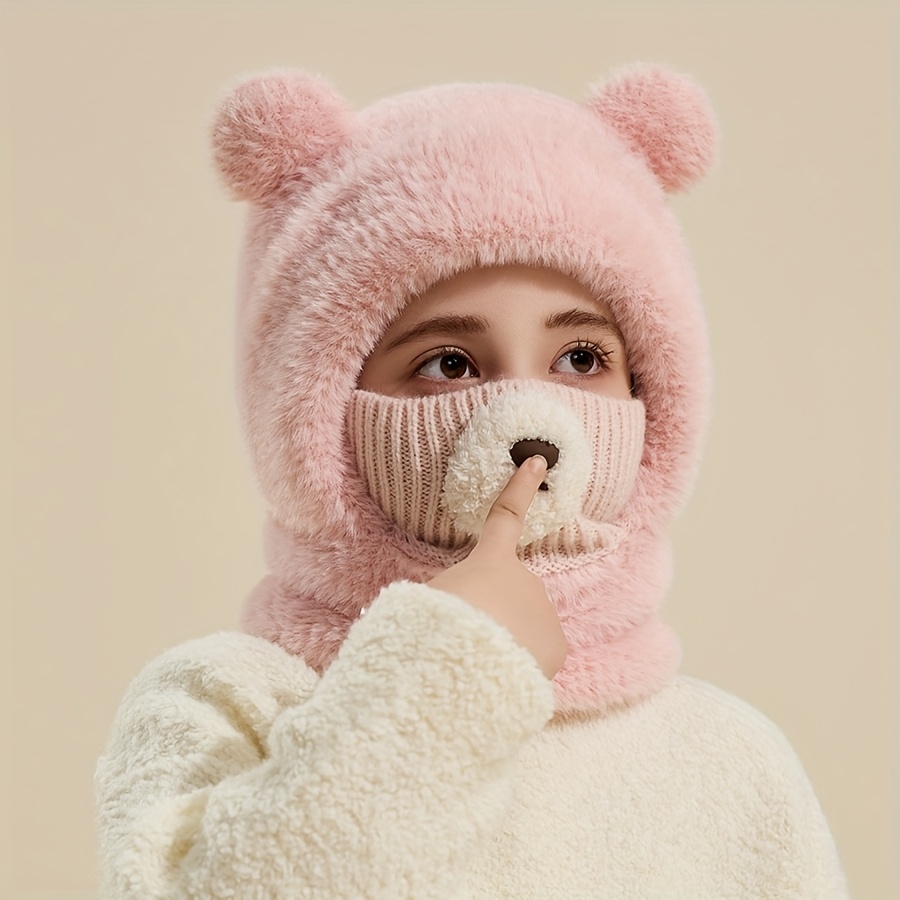 1pc Hat Winter Warm Fleece Ear-warming Cap Girls' Thickened Scarf One-piece Hat Cute Bear Nose Plush Pullover Hat Boys' Balaclava Suitable For Daily Wear And Outdoor Riding For Old Children