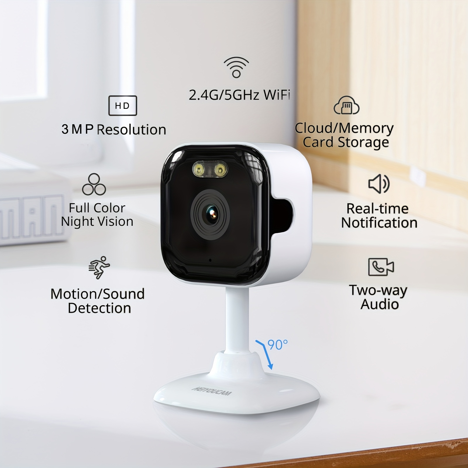 HEIYOUCAM 3MP Full HD Surveillance Camera, 2.4G/5GHZ Dual Band Wireless Camera, Full-Color Night Vision, Two-Way Voice Call, Motion Detection, Built-in AP Hotspot, Can Be Viewed Without Internet, Take Care of Children, Elderly And Pets Safety